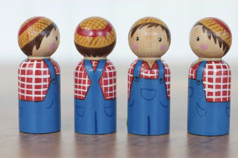 Wood Peg Dolls, Blue Overalls, Doll Diy Crafts, Peg People, Operation Christmas Child, Clothespin Dolls, The Farmer, Pin Doll, Wooden Figurines