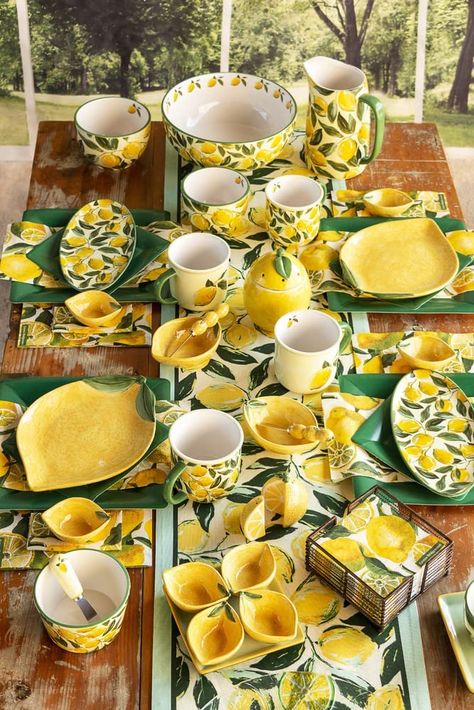 Lemon And Lime Kitchen Decor, Lemon Decorations Home, Lemon Theme Kitchen, Lemon Dinnerware, Lemon Furniture, Lemon Kitchen Decor Ideas, Lemon Themed Kitchen, Citrus Kitchen Decor, Lemon Accessories