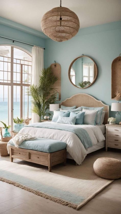 Cute Bedroom Nook Ideas, Coastal Master Bedrooms Decor, Beachy Bedroom Ideas, Bedroom Color Scheme Ideas, Florida Interior Design, Beachy Bedroom, Bedroom Beach, Hamptons Decor, Beach Themed Bedroom