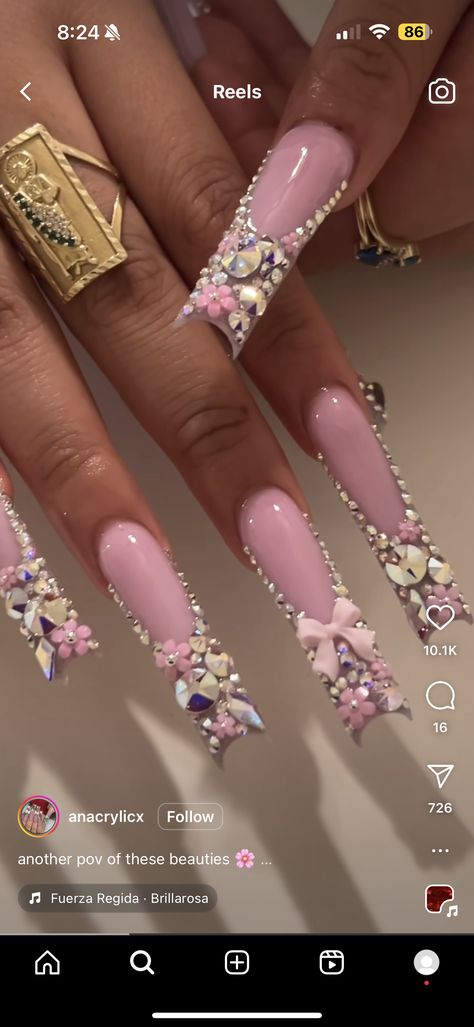 Birthday Bling Nails, Birthday Freestyle Nails, Pink Bling Acrylic Nails, Birthday Nail Set Ideas, Bedazzled Nails, Xl Nails, Acrylic Nail Designs Coffin, Girls Nail Designs, Acrylic Toe Nails