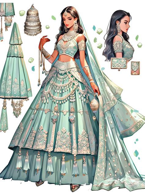 Indian Lehenga Drawing, Ancient Indian Outfits, Saree Design Sketches, Indian Outfits Drawing, Lehenga Drawing Sketches, Hindu Outfit, Indian Dress Drawing, Fantasy Ball Gowns, Traditional Indian Clothing