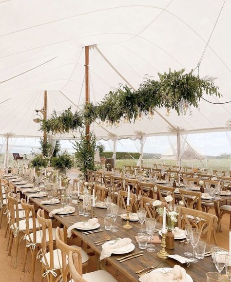 Marquee Wedding Decoration, Brass Cutlery, Hanging Foliage, Ladder Wedding, Wooden Trestle Table, Hanging Flowers Wedding, White Taper Candles, Marquee Decoration, Hanging Ladder