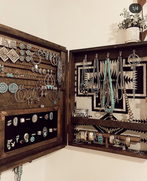 Jewelry Organizer Western, Diy Country Jewelry Holder, Western Storage Ideas, Western Jewelry Armoire, Western Jewelry Cabinet, Jewelry Hanging Ideas, Western Jewelry Organizer, Diy Western Jewelry Holder, Western Jewelry Display Ideas