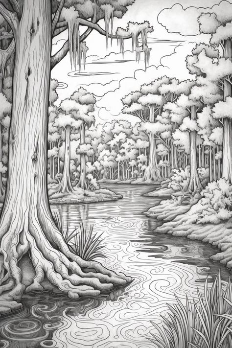 Forest Art Drawing, Tropical Forest Drawing, Forest Landscape Drawing, Swamp Drawing, Forest Clearing Drawing, Drawing Forest, Draw Trees, Forest Sketch, Forest Coloring Pages