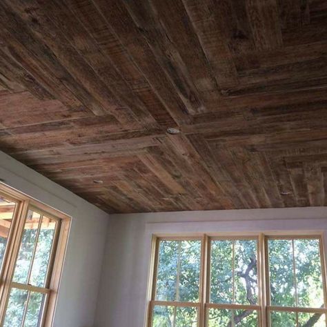 Rustic Barnwood Revival Ceiling Houseboat Design, Barn Wood Ceiling, Patio Ceiling, Honey House, Accent Ceiling, Ceiling Trim, Dining Room Ceiling, Wood Beam Ceiling, Into The Wood