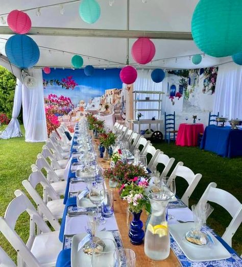 Greek Party Theme, Greece Party, Greek Dinner, Greek Party, Greek Dinners, Greece Beach, Bday Party Theme, Beach Birthday, Greek Wedding