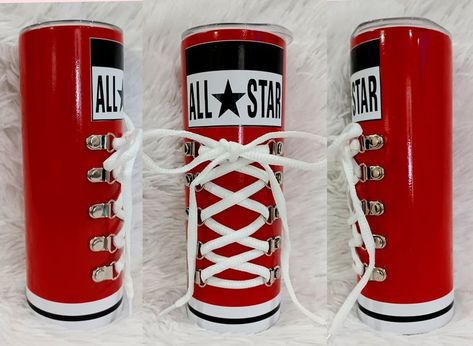 These amazing tumblers are all handmade. They are 20oz stainless steel tumblers. The shoe laces can come off to clean the tumbler. 3d Tumblers, Chocolate Board, Shoes With Laces, Creative Tops, Tumbler Inspiration, Diy Gifts To Sell, Red Converse, Tumbler Cups Diy, Paint Strokes