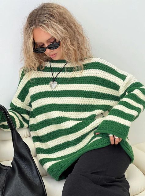 Brando Knit Sweater Green / Cream Stripe | Princess Polly US Neck Aesthetic, Casual Knitwear, Winter Knit Sweater, Chunky Knit Sweater, Sweatshirt Set, Thanksgiving Outfit, Knit Sweatshirt, Chunky Knits Sweater, Green Cream