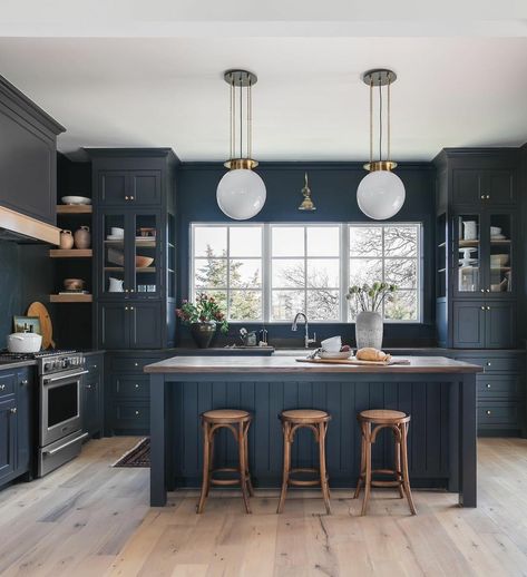 Dark Blue Kitchens, Moody Home Decor, Moody Kitchen, Charcoal Walls, Black Paint Color, Black Living Room, Blue Kitchen, Blue Kitchens, Favorite Kitchen