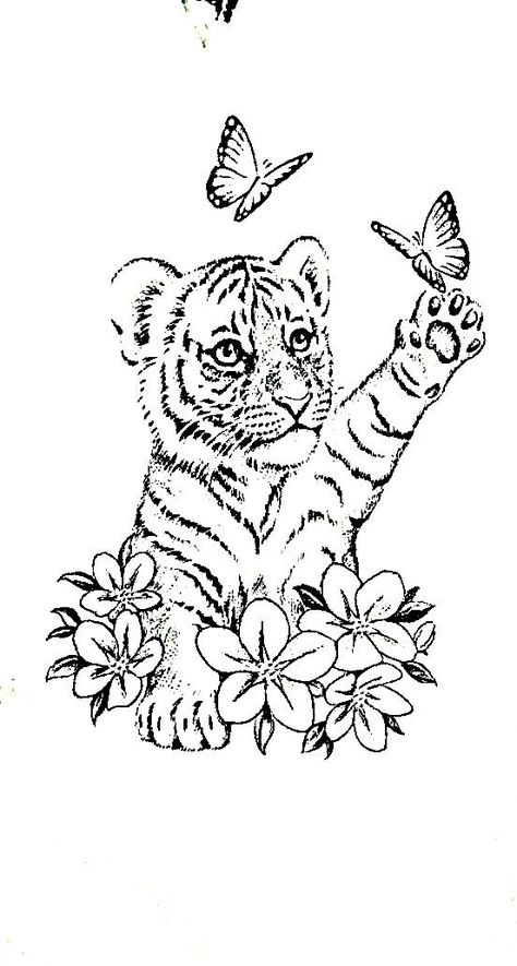 Tiger Small Tattoo, Tiger Cub Drawing, Tiger Tattoo Ideas, Tiger Stencil, Traditional Tiger Tattoo, Cute Tattoo Ideas, Cute Dragon Drawing, Stitch Coloring Pages, Cute Tattoo