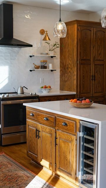 Oak Cabinet Kitchen, 90s Kitchen, Beveled Subway Tile, Honey Oak Cabinets, Kitchen Mood Board, Oak Cabinet, Oak Kitchen Cabinets, Honey Oak, Kitchen Cabinets Makeover