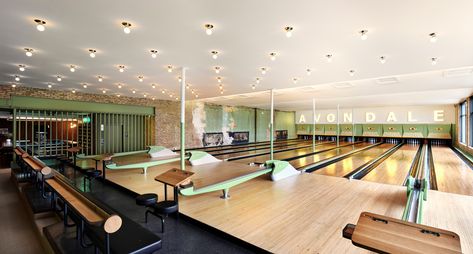 The firm transformed a former bowling alley in Chicago into the retro-chic Avondale Bowl Home Bowling Alley, Range Design, Bowling Center, Vintage Bowling, Entry Lighting, Bowling Alley, Architecture Firm, Retro Chic, Architectural Digest