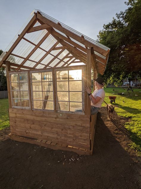 DIY Greenhouse Part 2: Installing the Antique Windows, the Walls, and the Roof — DIY IN PROGRESS Wood Frame Greenhouse, Salvaged Window Greenhouse, Greenhouse With Windows, Greenhouses Made From Old Windows, Pallet Greenhouse Diy, Reclaimed Window Greenhouse, Green House From Old Windows, Diy Greenhouse With Old Windows, Pergola Greenhouse