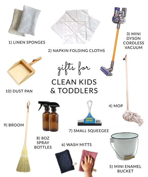 Gift guide with cleaning supplies for kids and toddlers. Encourage your little ones to clean with you while cleaning is still fun! #montessori #kidscleaningkit Toddler Cleaning Kit, Montessori Cleaning, Toddler Cleaning, Natural Cleaning Products Diy, Toddler Organization, Cleaning Supplies Organization, Chemical Free Cleaning, Toddler Playroom, Diy Cleaning Solution