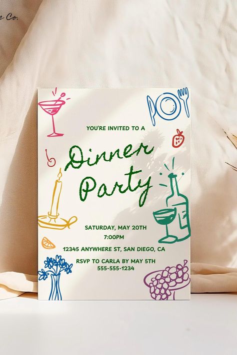 Dinner Party Invitation ~ Canva Template Delight your guests with our whimsical hand-drawn Dinner Party invitations. Each invitation features unique, playful illustrations that capture the joy and excitement of your upcoming celebration. The design is brimming with charming details, from fanciful fonts to imaginative doodles, all created with a personal touch. This artistic creation sets the perfect tone for your special day, inviting your loved ones to join you in the most delightful way possible. What's Included: 1 x 5x7" Invitation Template Front What You Can Edit: ✔ Font (Style, Size & Color) ✔ Text (Style, Size & Color) ✔ Graphics  (Size & Placement) - Any questions or help needed, please do not hesitate to ask! Why Choose Our Dinner Party Invitation: * Effortless and Personalized: Ou Whimsical Graphic Design, Dinner Invitation Design, Dinner Party Invite, Hand Drawn Invitation, Dinner Party Invitations, Dinner Invitation, Create Invitations, Dinner Invitations, Party Invite Template