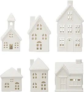 Creative Co-Op Stoneware Bisque Houses with LED Lights, White, Set of 6