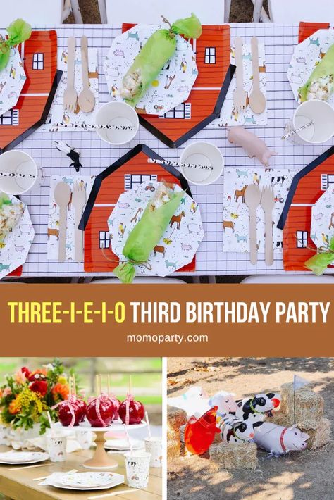 Cute Farm Birthday Ideas, On The Farm Party Theme, Three I Ei O Party, 3 I E I O Birthday Party, Three E I E I O Birthday Party, Animal Third Birthday Party, Barnyard Birthday Activities, Old Mcdonald 3rd Birthday Party, Three Year Old Farm Birthday