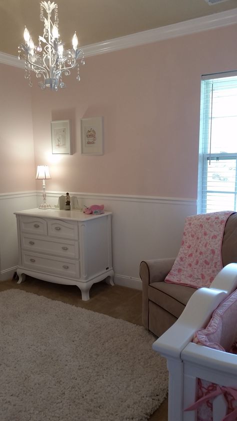 Cute Room Wall Colors, Chair Rail Bedroom Ideas, Molding On Walls Nursery, Small Pink Nursery, Dado Rail Nursery, Crown Molding Nursery, Nursery With Dado Rail, Chair Rail Paint Ideas Nursery, Chair Rail In Bedroom