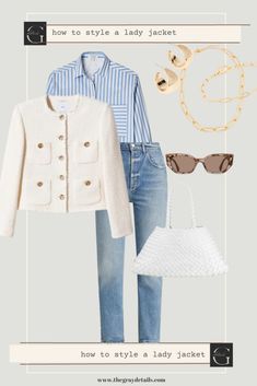 Lady Jacket with jeans Cream Jacket Outfit Casual, Spring Tweed Jacket Outfit, Short White Jacket Outfit, Ivory Tweed Jacket Outfit, White Short Jacket Outfit, Cream Utility Jacket Outfit, White Tweed Jacket Outfit Casual, Nashville Business Casual, White Lady Jacket Outfit