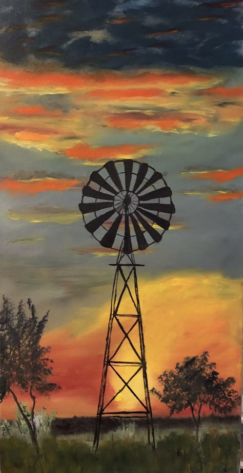 How To Draw A Windmill Step By Step, Paintings Of Windmills, Windmill Sunset Painting, How To Paint A Windmill, Western Landscape Drawings, Country Canvas Painting Easy, Watermill Drawing, Barn Murals Ideas, Windmill Drawing Simple