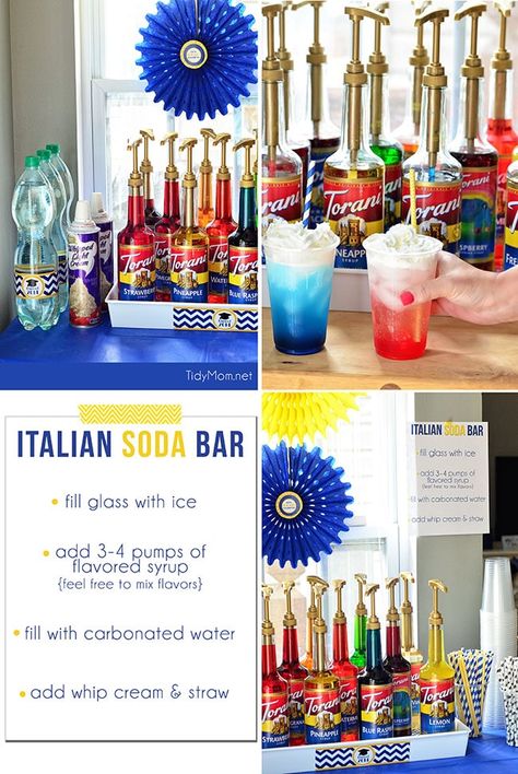 Italian Soda Bar, Italian Sodas, Party Beverages, Italian Cream Soda, Soda Bar, Fun Straws, Italian Soda, Soda Recipe, Flavored Syrup