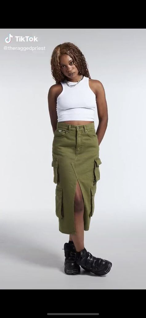 Knee Length Cargo Skirt, Combat Skirt Outfit, Combat Skirt, Combat Clothes, Ragged Jeans, Cargo Outfit, Midi Skirt Outfit, The Ragged Priest, Ragged Priest