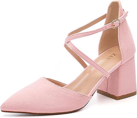 Elegant Pink Closed Toe Block Heels, Feminine Pink Closed Toe Heels, Pink Heels Wedding, Pink Block Heels With 4-inch Round Toe, Pink Closed Toe Heels With 4-inch Heel, Pink Suede Pumps, Pink Heels With Reinforced Heel, Medium Width, Closed Toe Heels, Short Heels