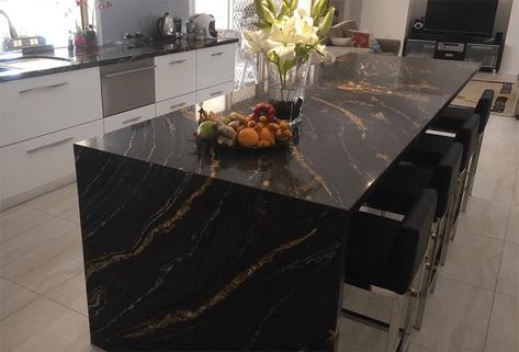 Titanium Gold Granite; Designer Style Golden Granite Granite Countertops Black Cabinets, Black Quartzite Countertops, Sparkle Quartz Countertop, Black Quartzite, Titanium Granite, Black And Gold Kitchen, Granite Kitchen Island, Light Granite, White Granite Countertops