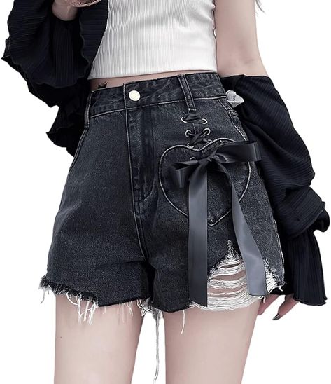 ZLMuMulin Y2K Harajuku Style Kawaii Pastel Gothic Fashion High Waisted Wide Leg Vintage Ribbon Ripped Jeans Shorts Vintage Y2k Outfits, Harajuku Fashion Kawaii, Drama Clothes, Ripped Jeans Shorts, Kawaii Shorts, Grey Clothing, Pastel Goth Outfits, Y2k Harajuku, Frock Fashion