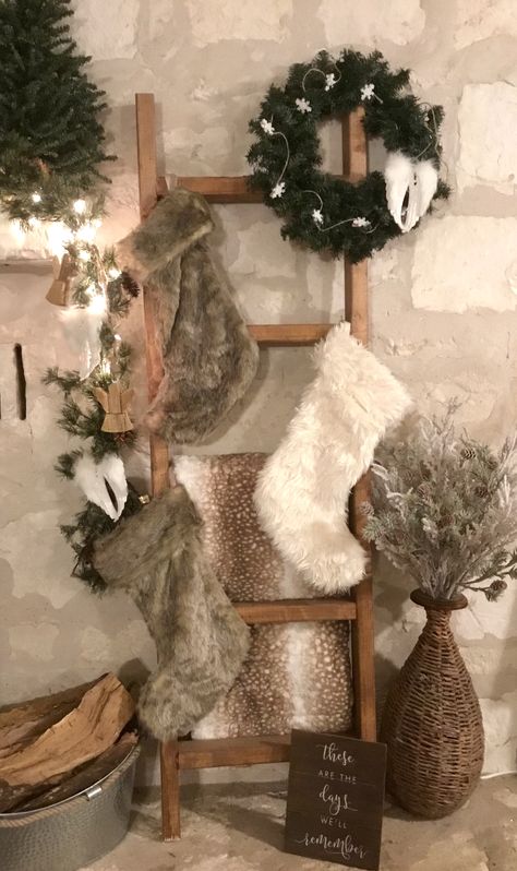 Stocking Ladder Christmas Diy, Wreath On Blanket Ladder, Blanket Ladder Christmas Stocking, How To Decorate A Blanket Ladder For Christmas, Winter Ladder Decor, Ladder With Stockings Christmas, Blanket Ladder Stocking Holder, Stockings On Blanket Ladder, Blanket Ladder Christmas