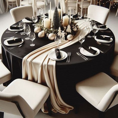 A corporate christmas party. there's a round table that seat 8 people. The table has black round table cloth and black napkins. There's a cream velvet table runner running all the way across the table, gently draping both sides over the black tablecloth. there is a simple and elegant festive centerpiece, perhaps a figurine or symbol of Christmas. - Image Creator in Bing Circle Table Set Up, Black Table Cloth Christmas Decor, Corporate Christmas Party Decorations Centerpiece Ideas, Holiday Party Centerpieces Corporate, Corporate Christmas Party Centerpieces, Round Christmas Table Decor, Round Table Christmas Centerpieces, Corporate Christmas Party Decorations, Corporate Event Centerpieces