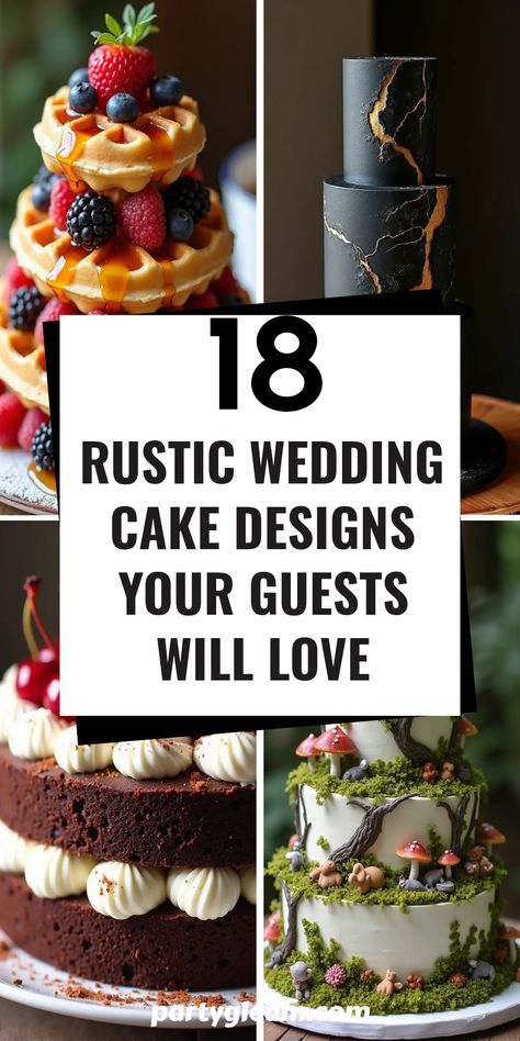 Searching for wedding cake inspiration that speaks to your style? Check out these 18 rustic wedding cake ideas that are sure to impress your guests! From delightful waffle cakes to appetizing black forest options, these designs add a memorable touch to any celebration. Discover how unique decorations like woodland elements can enhance your rustic theme. Bring warmth and charm to your special day with these tasteful and delicious cake options that everyone will rave about—and definitely don't forget to taste them first! Groom Cakes Ideas, Country Wedding Cakes Rustic, Rustic Wedding Cake Ideas, Waffle Cakes, Woodland Themed Wedding, Dessert Birthday, Different Wedding Cakes, Rustic Wedding Cakes, Country Wedding Cakes