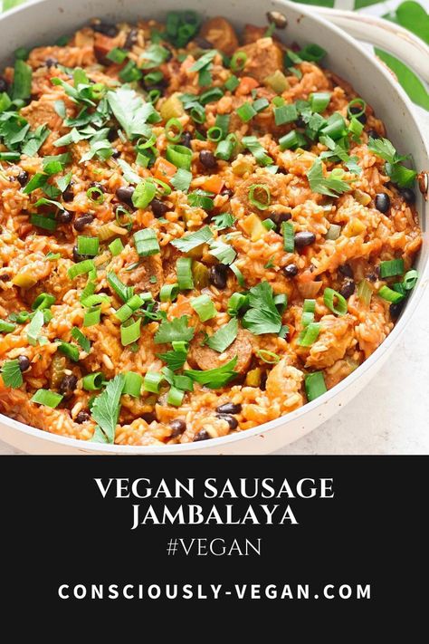 Vegan Jambalaya with Sausage • Consciously Vegan Sausage Jambalaya Recipe, Vegan Cajun, Vegan Jambalaya, Sausage Jambalaya, Cajun Sausage, Vegan Worcestershire Sauce, Jambalaya Recipe, Rice And Beans, Easy Holiday Recipes