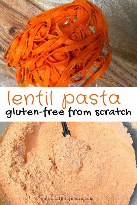 Simple homemade red lentil pasta with just 3 ingredients and a simple process - a delicious, high-protein, high fiber, gluten-free pasta. Plus, this recipe can be made egg-free, for delicious vegan lentil pasta! Vegan Lentil Pasta, Gluten Free Pasta Dough, Lentil Pasta Recipe, Homemade Gluten Free Pasta, Protein Pasta Recipes, Red Lentil Pasta, Noodle Recipes Homemade, Fresh Pasta Recipes, High Protein Pasta