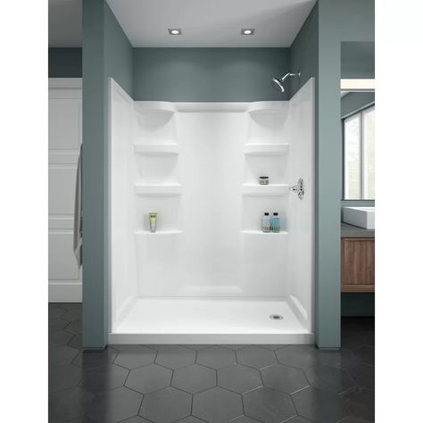 Delta ProCrylic™ 60" x 32" Single Threshold Shower Base & Reviews | Wayfair Walkin Shower Inserts, Walk In Shower Insert, Shower Base With Tile Walls, Fiberglass Shower Makeover, Tile Above Shower Insert, Bathtub Inserts, One Piece Shower, Restroom Remodel, Sewing Room Furniture