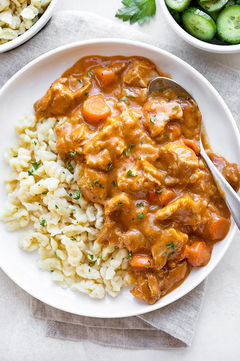 Chicken Paprikash With Dumplings, Pork Tenderloin Sandwich, Chicken Paprikash, Beef Goulash, Rustic Recipes, Chicken Veggies, Sour Cream Recipes, Boneless Chicken, Chicken Seasoning