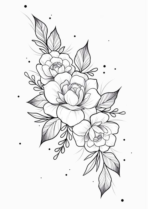 Flower Design Tattoos For Women, Japenses Tatoos Design Flowers, Best Flowers To Tattoo, Tiger And Flowers Tattoo Design, Floral Shoulder Tattoo Design, Plus Size Rib Tattoo, Shoulder Tattoos For Women Stencil, Tattoo Flower Stencil, Peony Tattoo Outline