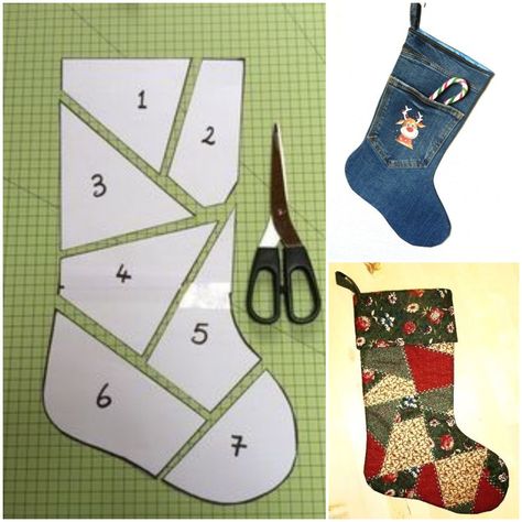 Christmas Socks Pattern Sewing, Blue Jean Christmas Stocking Pattern, Christmas Stocking From Old Jeans, Diy Stockings Pattern, Patchwork Xmas Stocking, Diy Christmas Gifts Sewing, Patchwork Quilt Stocking, Christmas Stocking Tutorial, Christmas Stockings Sewing