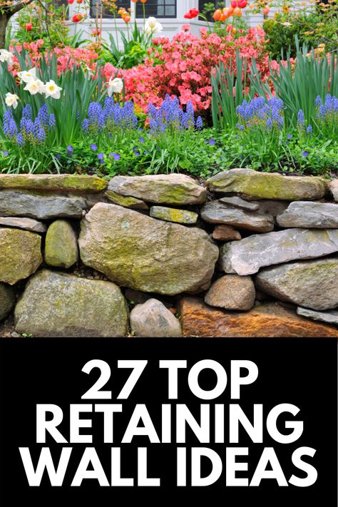 Retaining Wall Ideas Slope Backyards, Rock Wall Landscaping Ideas, Retaining Wall Rock, Pool Retaining Wall Landscape, Natural Retaining Wall Ideas, Garden Bed Retaining Wall Ideas, Rock Retaining Wall Landscaping, Front Yard Retaining Wall Landscaping, Rock Retaining Walls