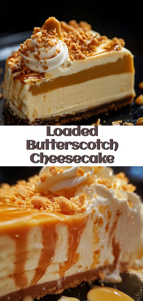 Indulge in the ultimate dessert experience with this Loaded Butterscotch Cheesecake! Rich, creamy, and bursting with decadent butterscotch flavor, this cheesecake is a must-try for any dessert lover. Ideal for cozy gatherings or a delightful solo treat, this recipe brings a gourmet touch to your table. Satisfy your sweet tooth and impress your family and friends with this irresistible, mouthwatering creation. Perfect for any occasion or just because—you deserve a little indulgence! Dessert With Butterscotch Pudding, Butterscotch Pound Cake, Alcohol Cheesecake Recipes, Flavored Cheesecake Recipes, Crazy Desserts, Butterscotch Cheesecake, Cheesecakes Recipes, Butterscotch Desserts, Butterscotch Recipes