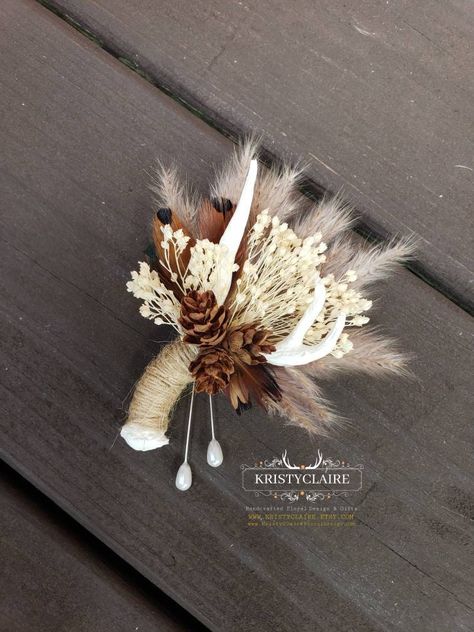 Lodge Wedding Denterpeices, Pheasant Feather Wreath Rustic, Pheasant Feather Wedding Gifts, Arrow Boutonniere, Hunting Boutonniere, Country Boutonniere, Dried Babysbreath, Antler Wedding Centerpieces, Pheasant Feather Wedding