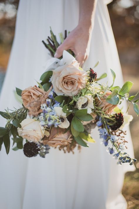 Taupe, beige, burgundy, and blue Blue And Tan Wedding Flowers, Blue And Beige Flowers, Blue And Beige Wedding Colors, Neutral Floral Bouquet, Beige Blue Wedding, Wedding Bouquets October, Wedding Bouquets Neutral, Blue And Beige Wedding, Brown Flower Bouquet