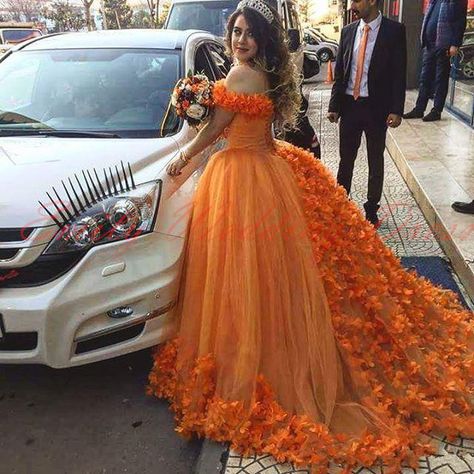 Orange Quinceanera Dresses, Orange Quinceanera, Big Prom Dresses, Feather Prom Dress, Flower Prom Dress, Dresses Off Shoulder, White Evening Gowns, Special Occasion Gowns, Long Train Wedding Dress