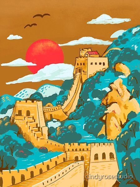 Beautiful Great Wall of China Illustration by Cindy Rose Studio. Part of the Seven Wonders of the World series. Visit instagram @cindyrosestudio for more travel art! Great Wall Of China Illustration, China Art Illustration, Great Wall Of China Drawing, Ocean Inspired Bedroom, How To Sail, Seven Wonders Of The World, Magic Land, A Level Art Sketchbook, Geisha Art