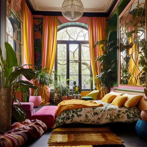 Jungle Maximalist Bedroom, Maximalist Feminine Bedroom, Nature Maximalist Decor, Yellow Maximalist Bedroom, Light Maximalist Bedroom, Colorful Maximalist Interior Design, Maximalist Comforter, Maximalist Interior Design Living Room, Funky Maximalist Bedroom