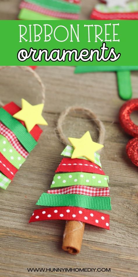 cinnamon stick ribbon tree ornaments for kids to make Preschool Christmas Ornaments, Diy Christmas Ornaments For Kids, Cinnamon Sticks Ornaments, Stick Ornaments, Easy Diy Christmas Ornaments, Christmas Ornaments For Kids, Ornaments For Kids, Ribbon Tree, Easy Christmas Ornaments