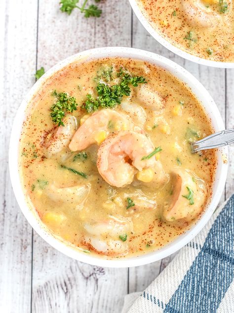 30 Minute - Dairy-free - SHRIMP & CORN CHOWDER Chowder Recipes Healthy, Coconut Milk Shrimp, Shrimp And Corn Chowder, Shrimp And Corn Soup, Crab And Corn Chowder, Shrimp Corn Chowder, Corn Bisque, Shrimp And Corn, Shrimp Chowder