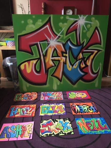 Large name board for the birthday boy/girl and name boards for all participants! Everyone helps create the birthday board and all art and safety equipment is provided! Graffiti Party Theme, Graffiti Birthday, 19 Bday, Graffiti Party, 80s Birthday Parties, 80s Birthday, Hip Hop Birthday, Red Birthday Party, Name Board