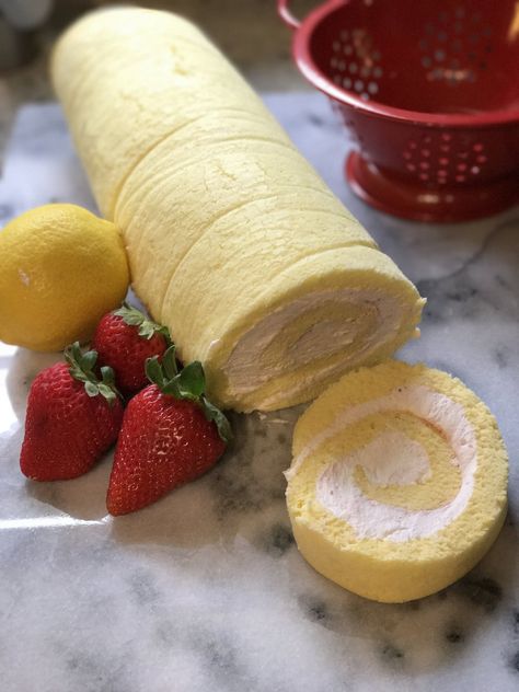 Lemon Chiffon Roll Cake with Fresh Strawberry Whipped Cream — The Sweet & Sour Baker Chiffon Roll Cake, Lemon Roll Cake Recipe, Bake Sale Desserts, Lemon Chiffon Cake, I Love My Kids, Roll Cakes, Cream Roll, Lemon Pound Cake Recipe, Strawberry Whipped Cream