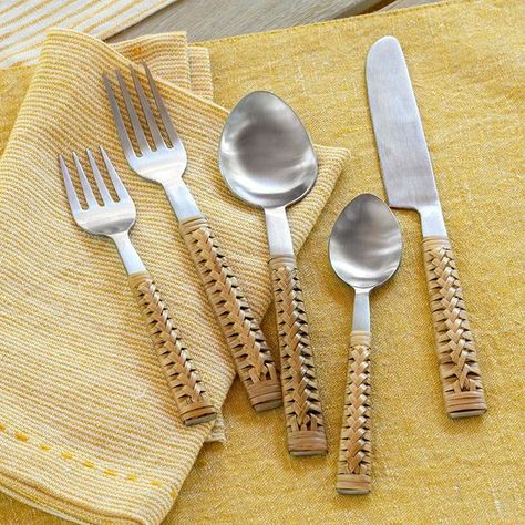 5 Piece Natural Bamboo Handled Flatware Set Unique Flatware, Small Spoon, Soup Spoon, Salad Fork, Ocean Drive, Dinner Fork, Wood Detail, Dessert Spoons, Custom Made Furniture